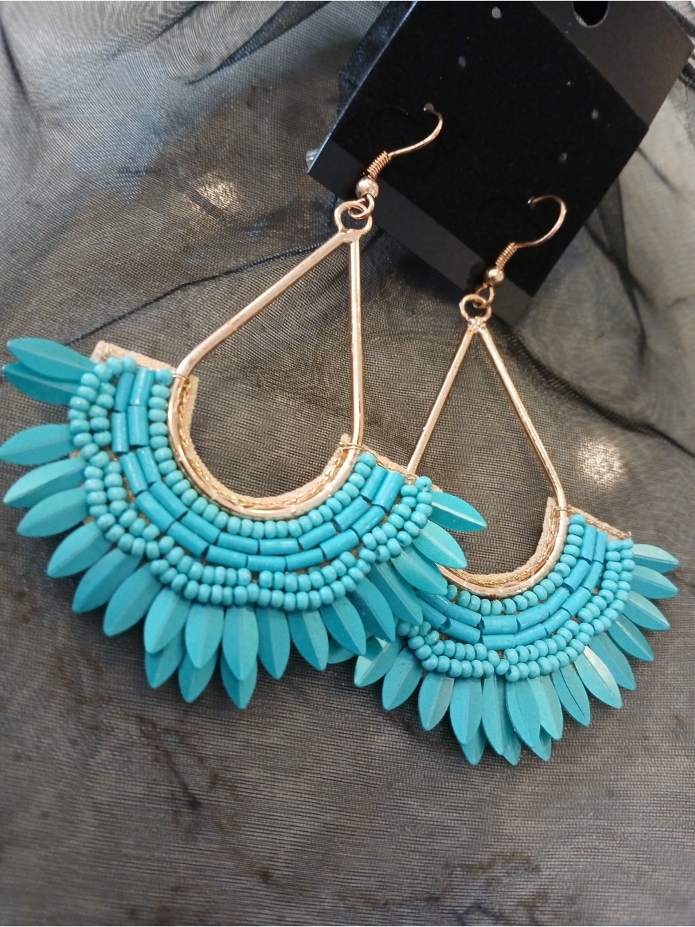 Turquoise Beaded Fan Drop Earrings - Gold Frame
